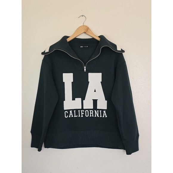 Zara LA California Patch Quarter Zip Pullover Sweatshirt Size Small Forest Green - Picture 1 of 9